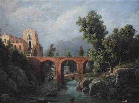 Manner of Gaspard Dughet Landscapes with figures and classical buildings, 15 x 20in.